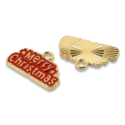 Hackberry Creek gold-plated metal alloy Merry Christmas charms with red enamel detailing for holiday jewelry crafts.