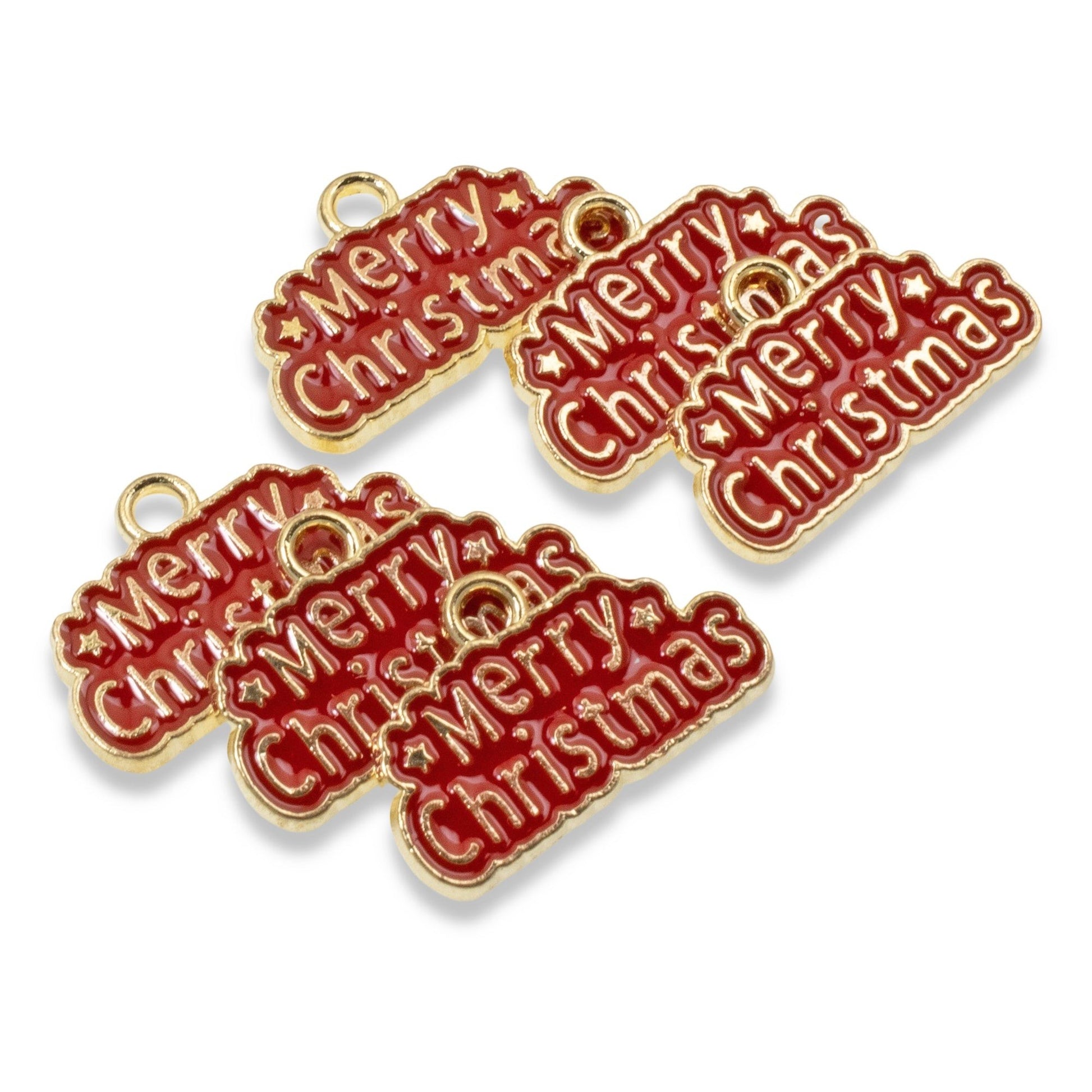 Hackberry Creek gold-plated metal alloy charms with red enamel Merry Christmas text for DIY holiday jewelry making.