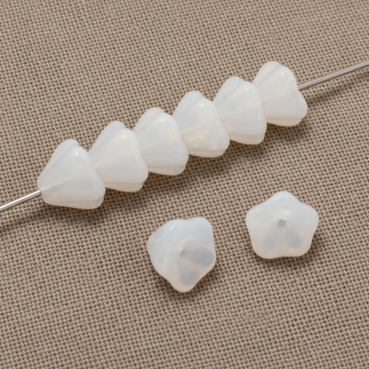Hackberry Creek milky white Czech glass bell flower beads for jewelry making, 6x8mm floral shaped craft supplies.