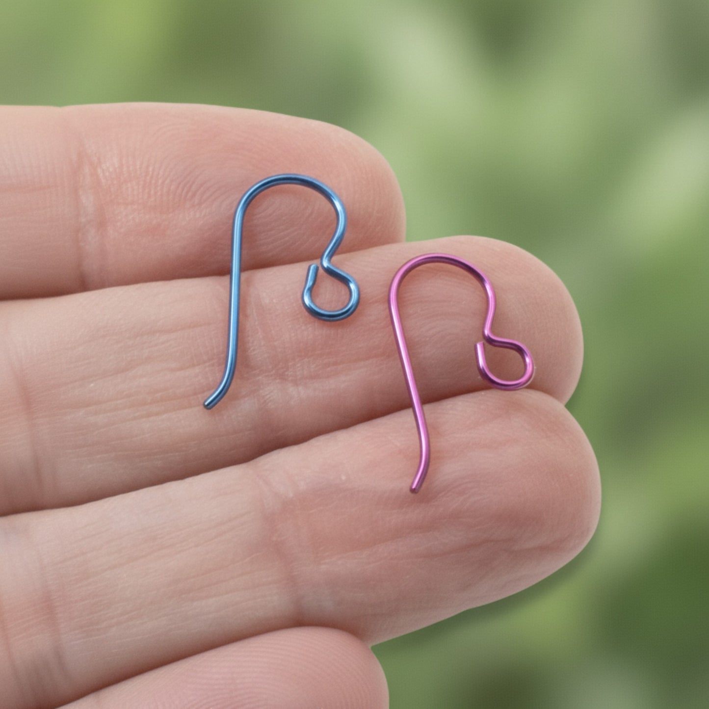 Hackberry Creek Niobium colorful ear wires in blue and pink, hypoallergenic for sensitive ears.