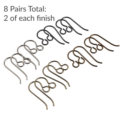 Hackberry Creek 8-pair hypoallergenic niobium ear wires in gray, bronze, black, and antique brass finishes.
