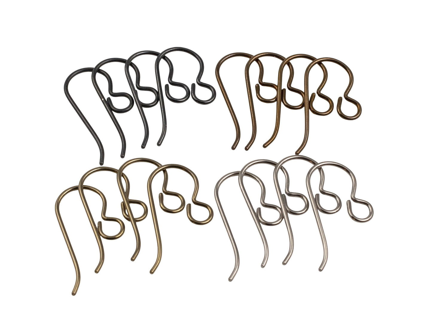 Hackberry Creek 8-pair hypoallergenic niobium ear wires in gray, bronze, black, and antique brass finishes.