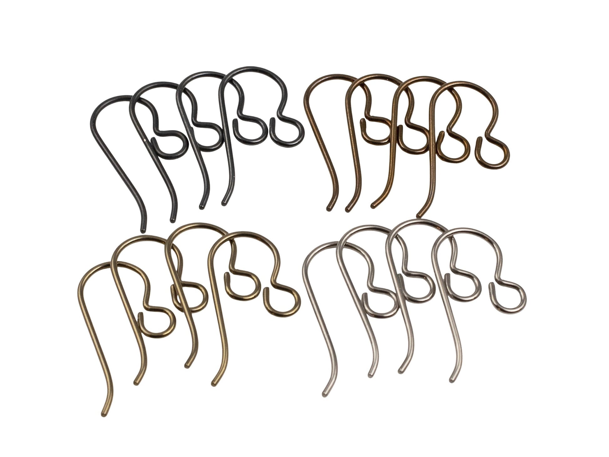 Hackberry Creek 8-pair hypoallergenic niobium ear wires in gray, bronze, black, and antique brass finishes.