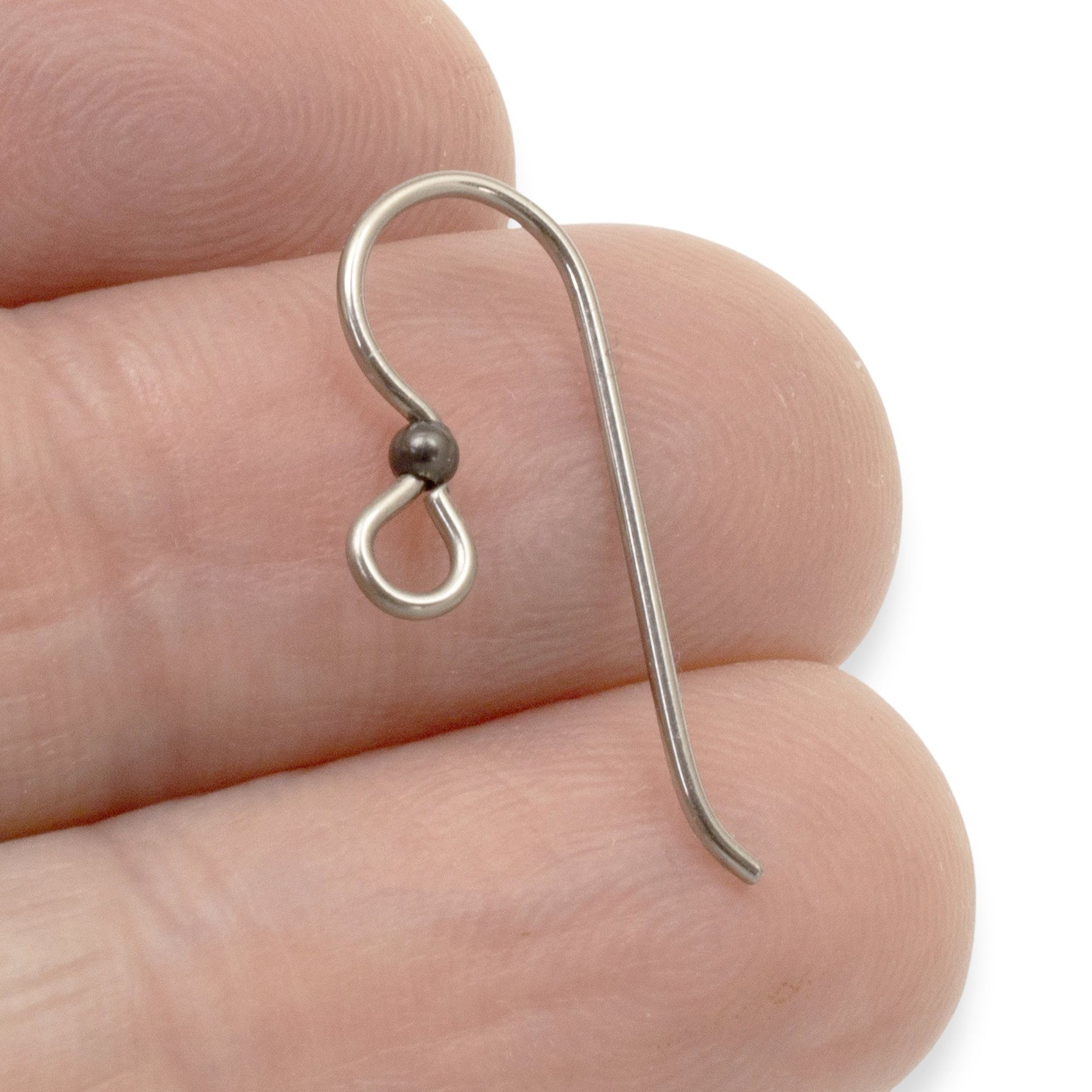 Hackberry Creek gray niobium earring hooks with a small black bead accent, hypoallergenic and ideal for sensitive ears.