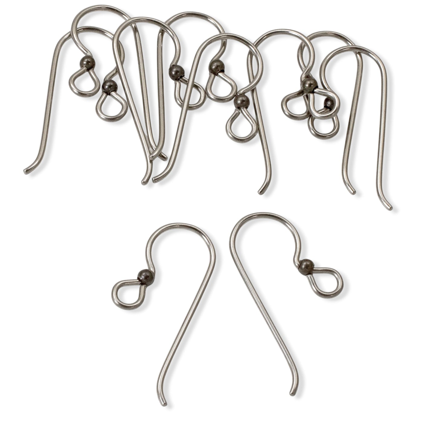 Hackberry Creek 10 gray niobium earring hooks with 2mm black bead accents, hypoallergenic and made in the USA.