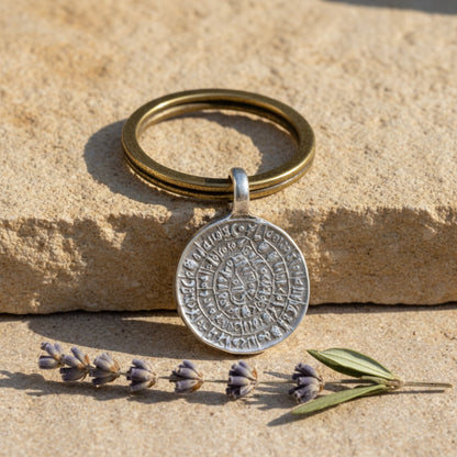 Hackberry Creek silver plated Zamak Phaistos Disc pendant with ancient Greek spiral script, 25mm