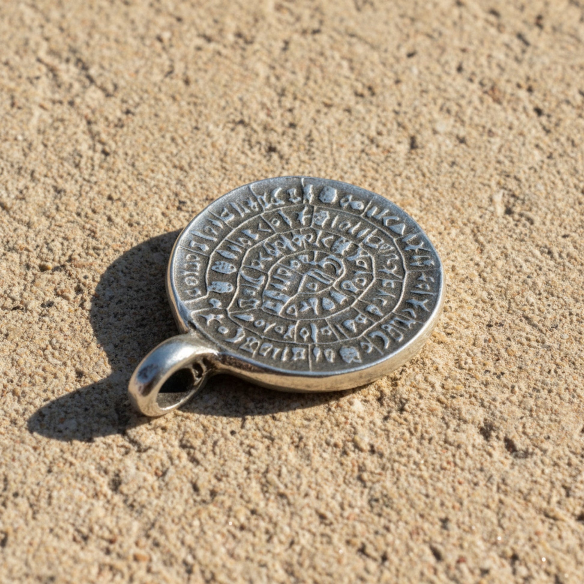 Hackberry Creek silver Phaistos Disc pendant with ancient Greek spiral script, 25mm, made in Greece.