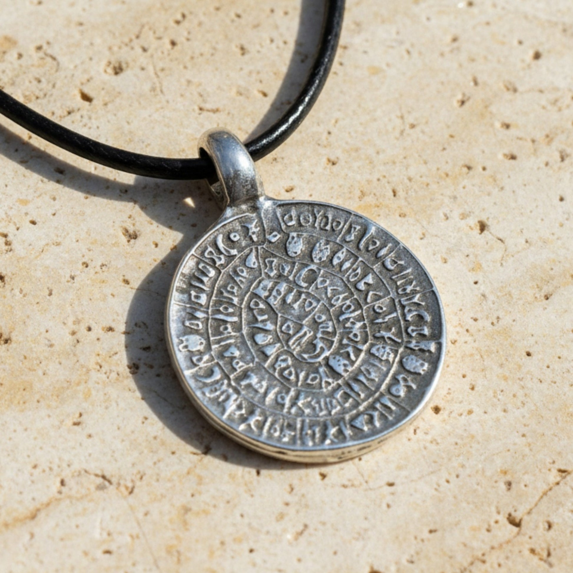 Hackberry Creek silver plated Zamak Phaistos Disc pendant with spiral script on a black cord.