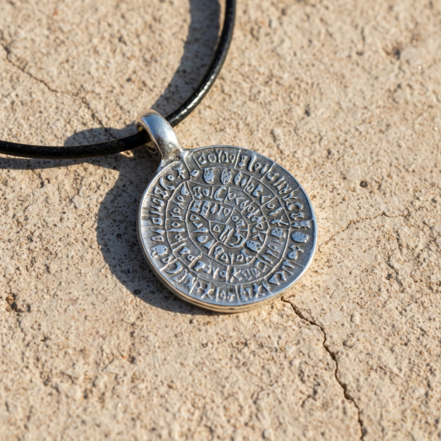 Hackberry Creek silver plated Zamak Phaistos Disc pendant with spiral script on a black cord.