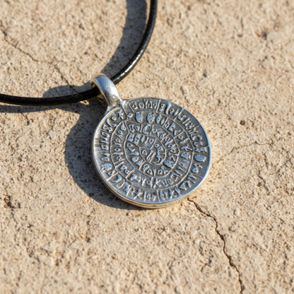 Hackberry Creek silver plated Zamak Phaistos Disc pendant with spiral script on a black cord.
