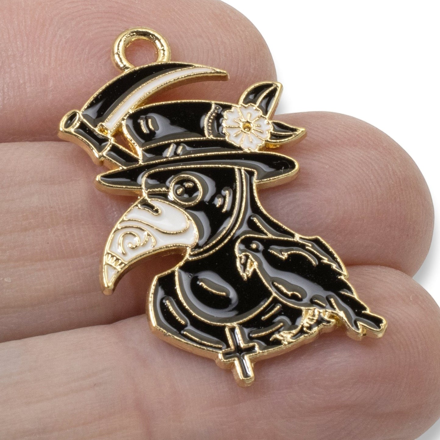 Hackberry Creek gothic plague doctor raven head charm with black and white enamel and gold plated metal finish