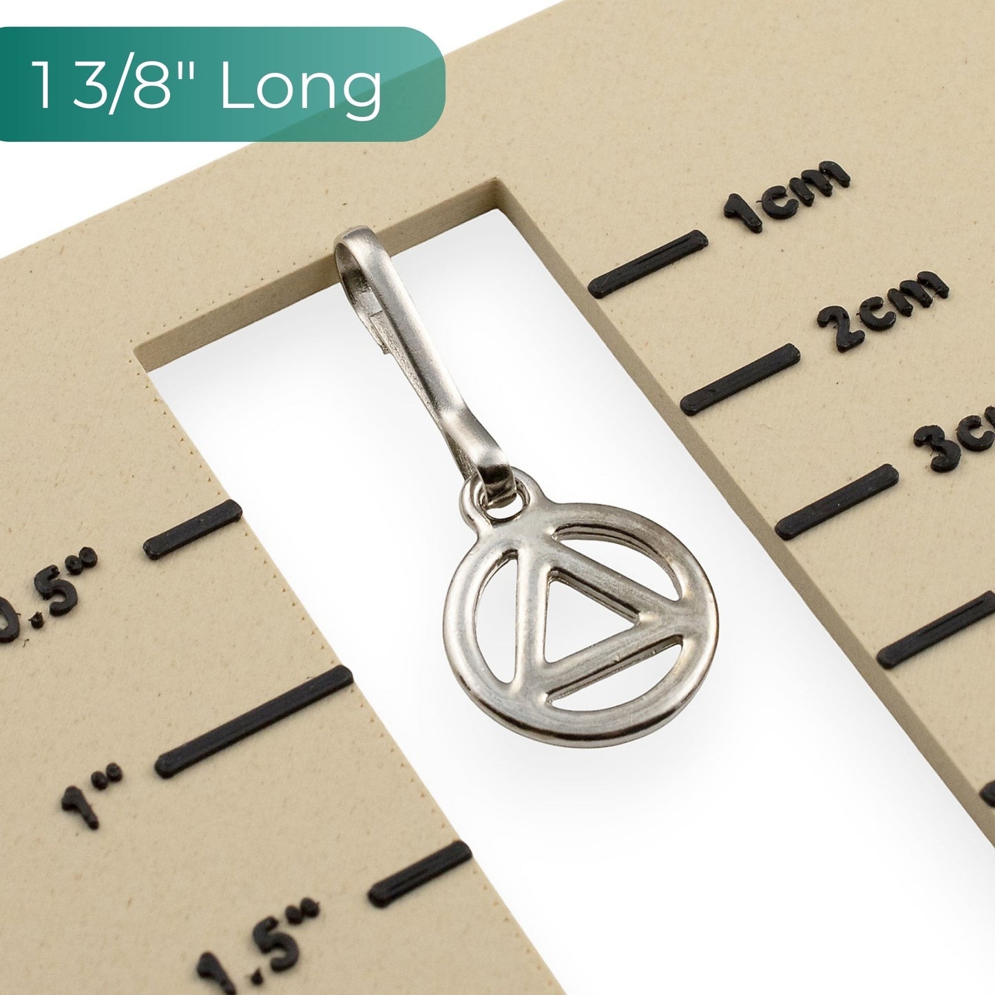 Hackberry Creek silver triangle zipper charm with stainless steel clip, 1 3/8" long, symbolizing recovery and sobriety.