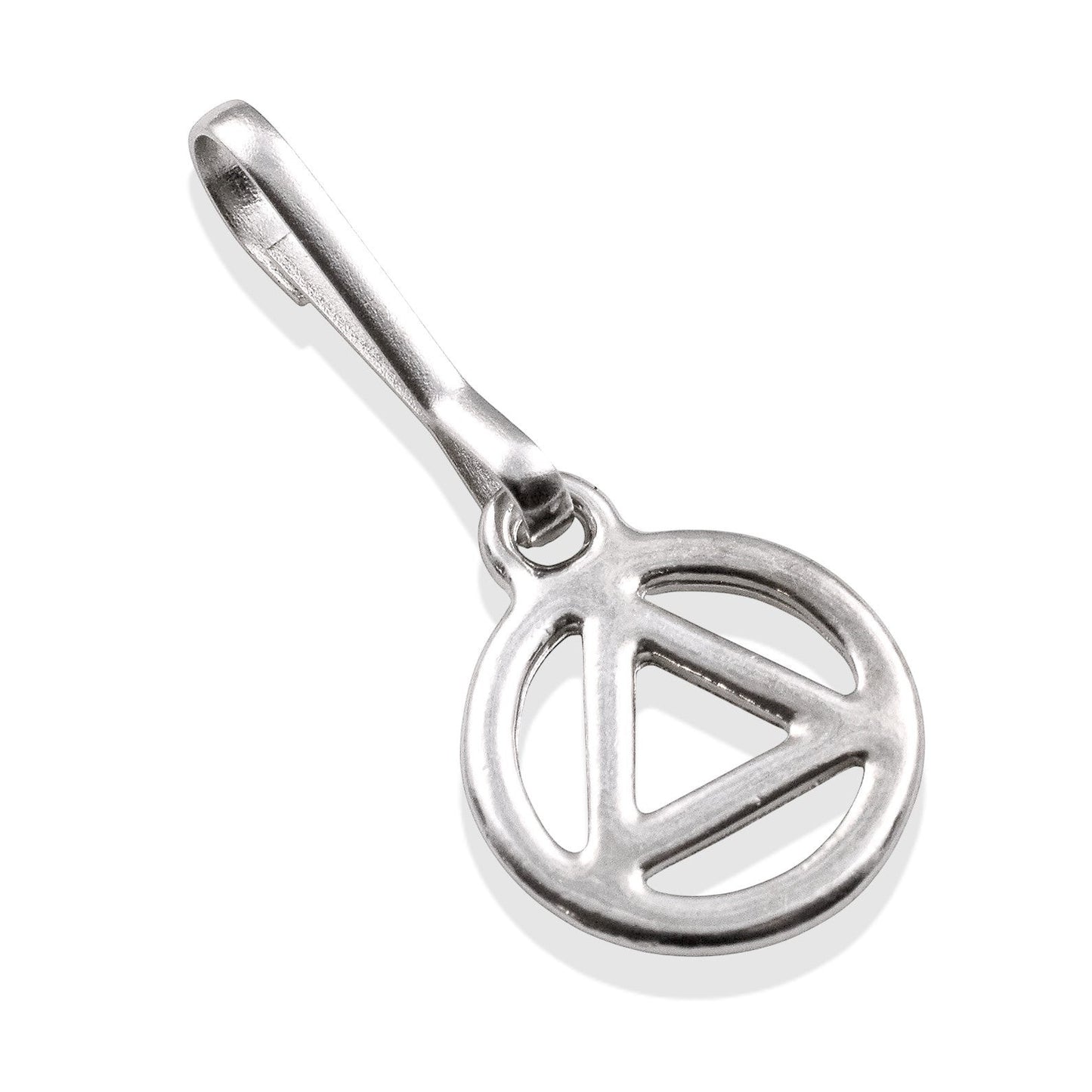 Hackberry Creek silver triangle recovery charm with stainless steel clip. Symbolizes sobriety and healing.