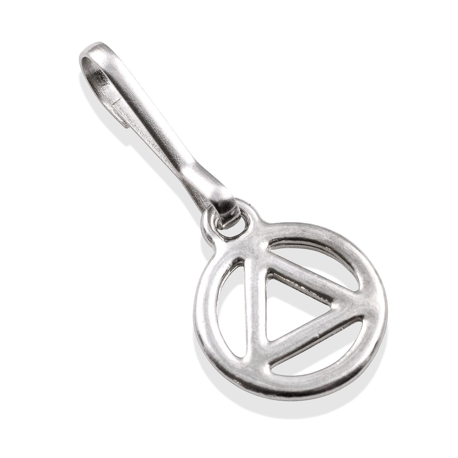 Hackberry Creek silver triangle recovery charm with stainless steel clip. Symbolizes sobriety and healing.