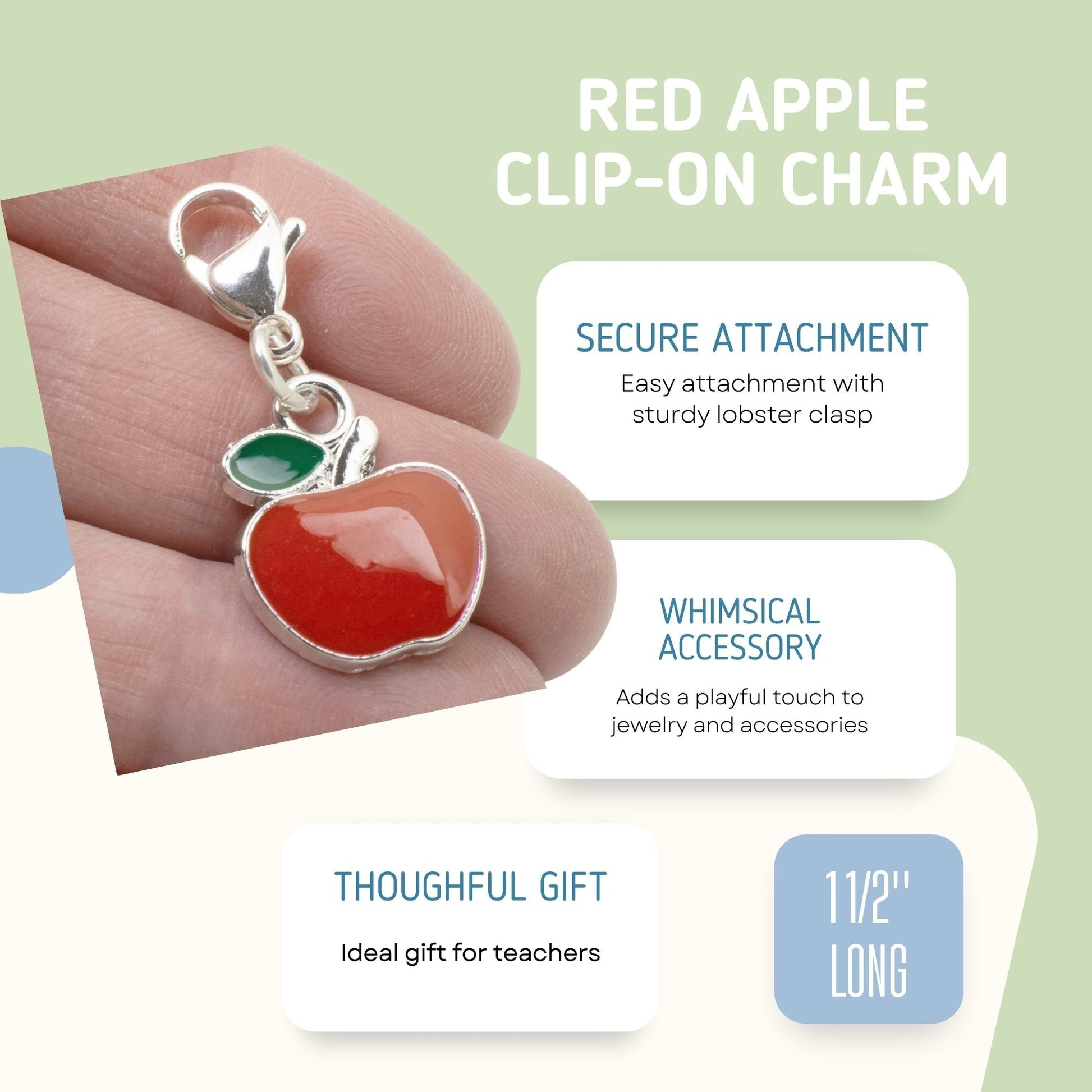 Hackberry Creek red apple charm with green leaf accent, silver-plated brass with enamel, 1 1/2" long, with lobster clasp.