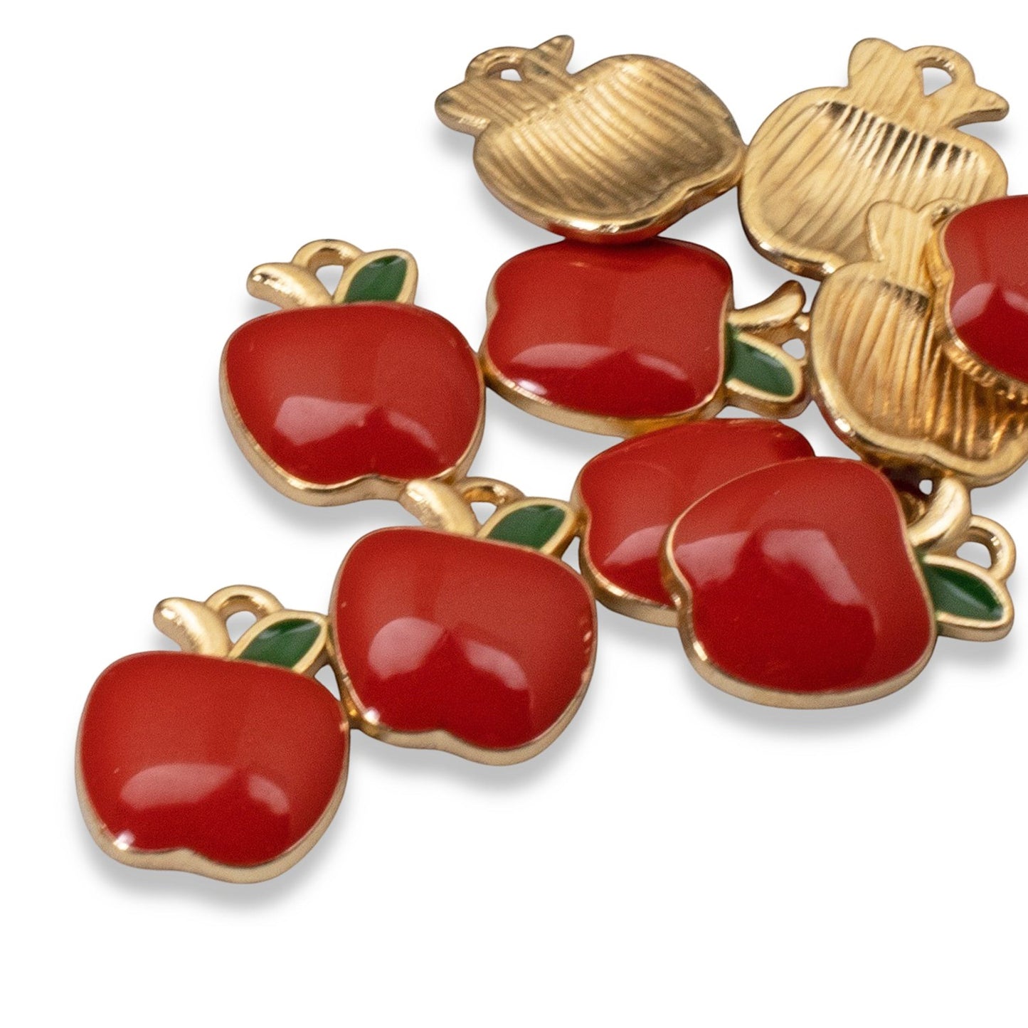 Hackberry Creek glossy red enamel apple charms with gold plating and green leaf detail for jewelry making