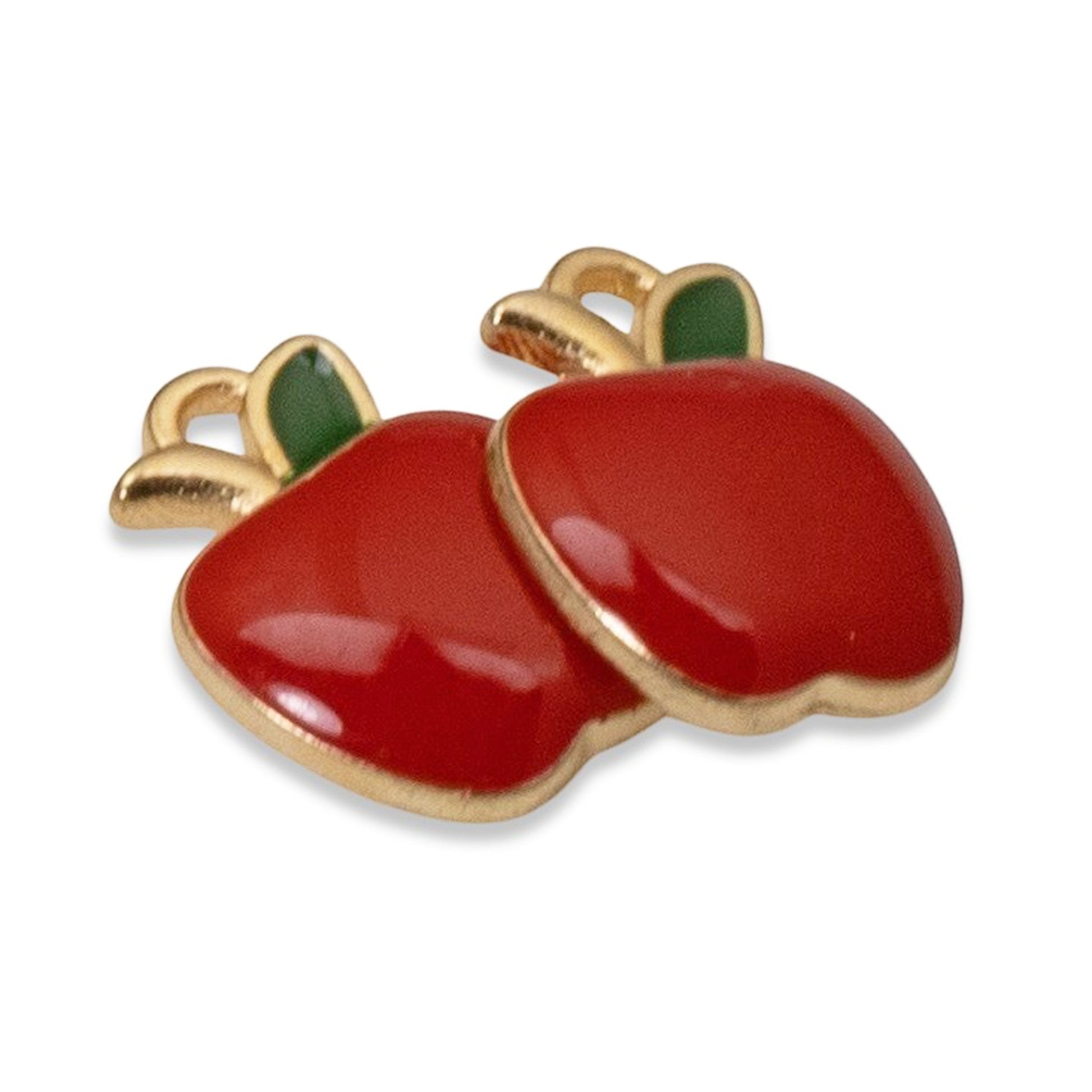 Hackberry Creek glossy red enamel apple charms with gold plating and green leaf detail for jewelry making