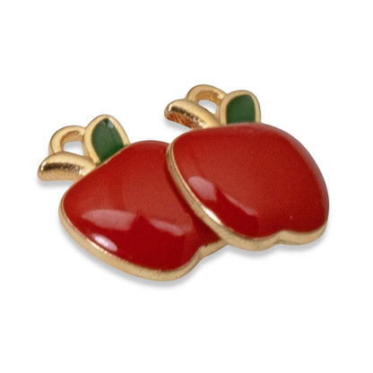 Hackberry Creek glossy red enamel apple charms with gold plating and green leaf detail for jewelry making