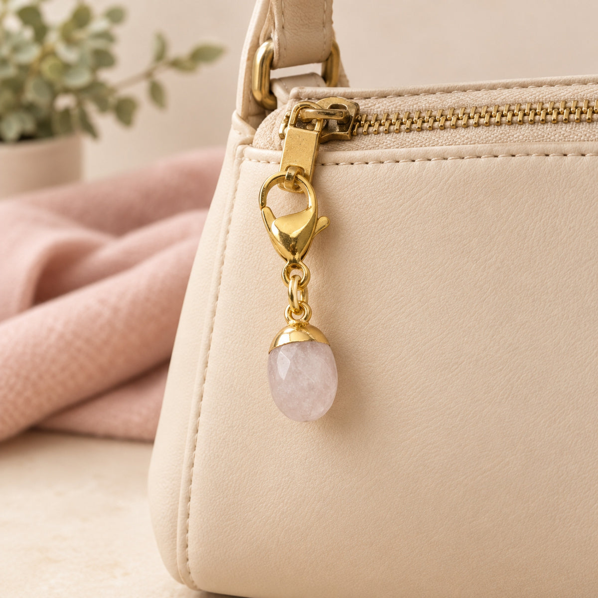 Hackberry Creek dainty oval rose quartz charm with a gold-plated stainless steel clasp attached to a beige handbag.