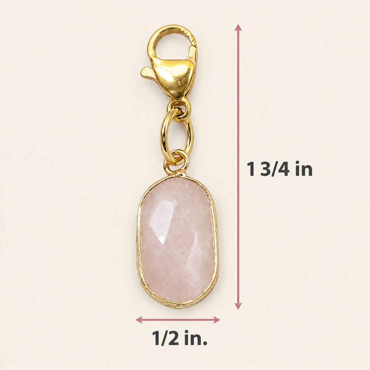 Hackberry Creek oval faceted rose quartz charm with gold-plated lobster clasp for handbags and accessories