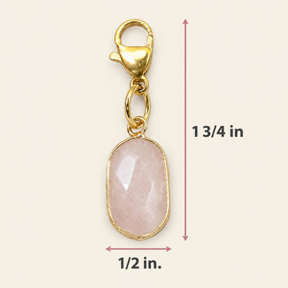 Hackberry Creek oval faceted rose quartz charm with gold-plated lobster clasp for handbags and accessories
