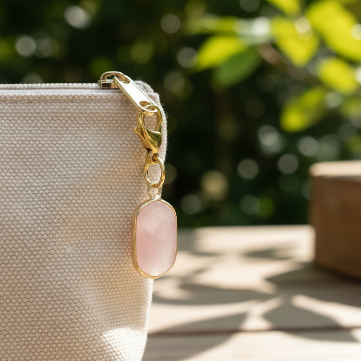 Hackberry Creek rose quartz clip-on charm with gold-plated brass clasp attached to a beige canvas handbag zipper