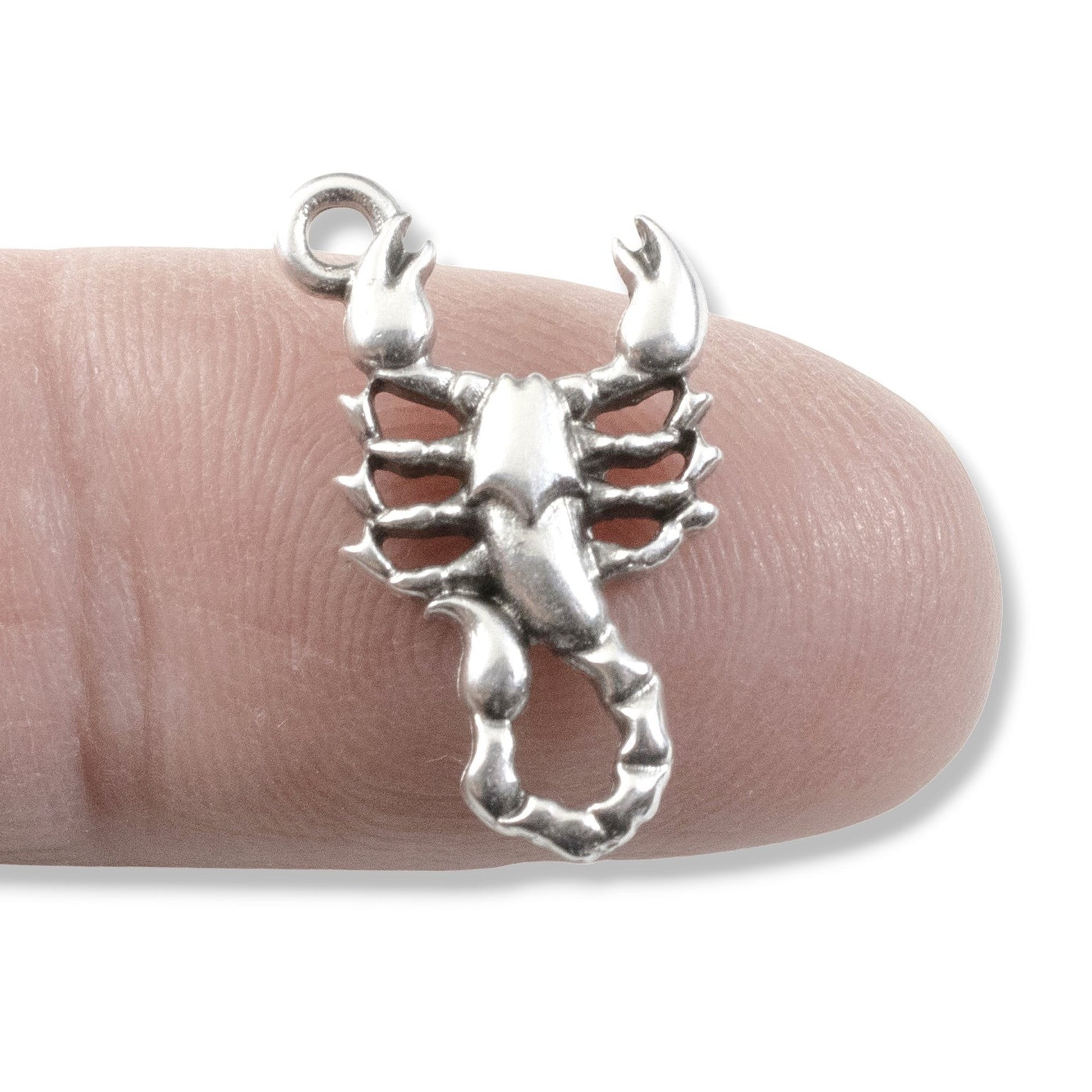 Hackberry Creek antique silver plated scorpion charm, detailed relief, 12x20.5mm, for zodiac jewelry.