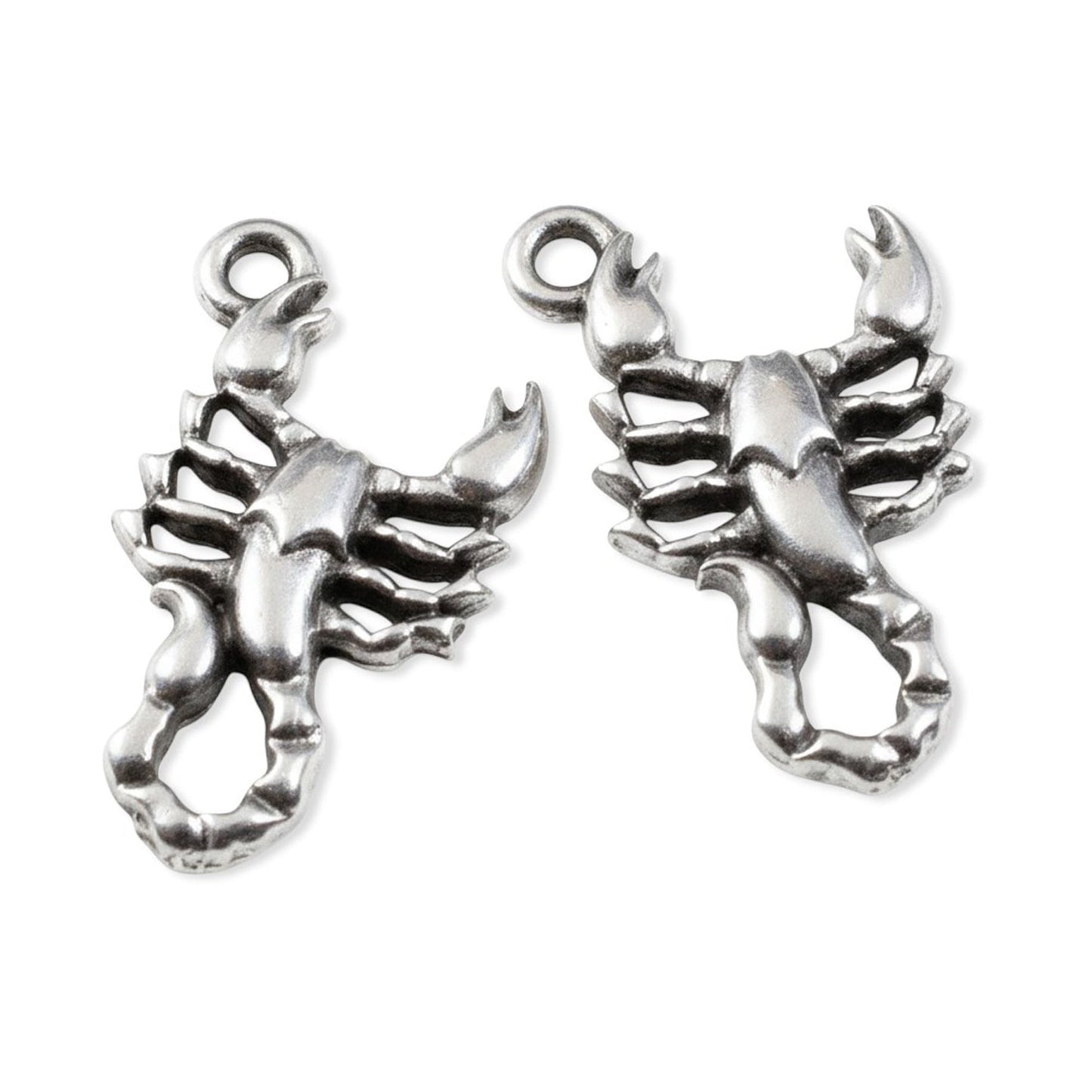 Hackberry Creek antique silver plated scorpion charms, detailed relief, ideal for zodiac jewelry and dark boho styles.