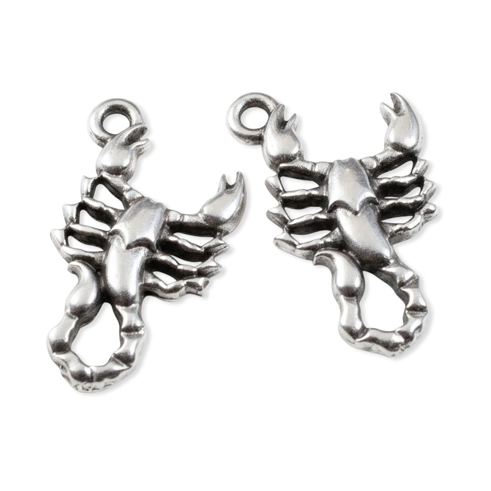 Hackberry Creek antique silver plated scorpion charms, detailed relief, ideal for zodiac jewelry and dark boho styles.