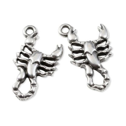 Hackberry Creek antique silver plated scorpion charms, detailed relief, ideal for zodiac jewelry and dark boho styles.