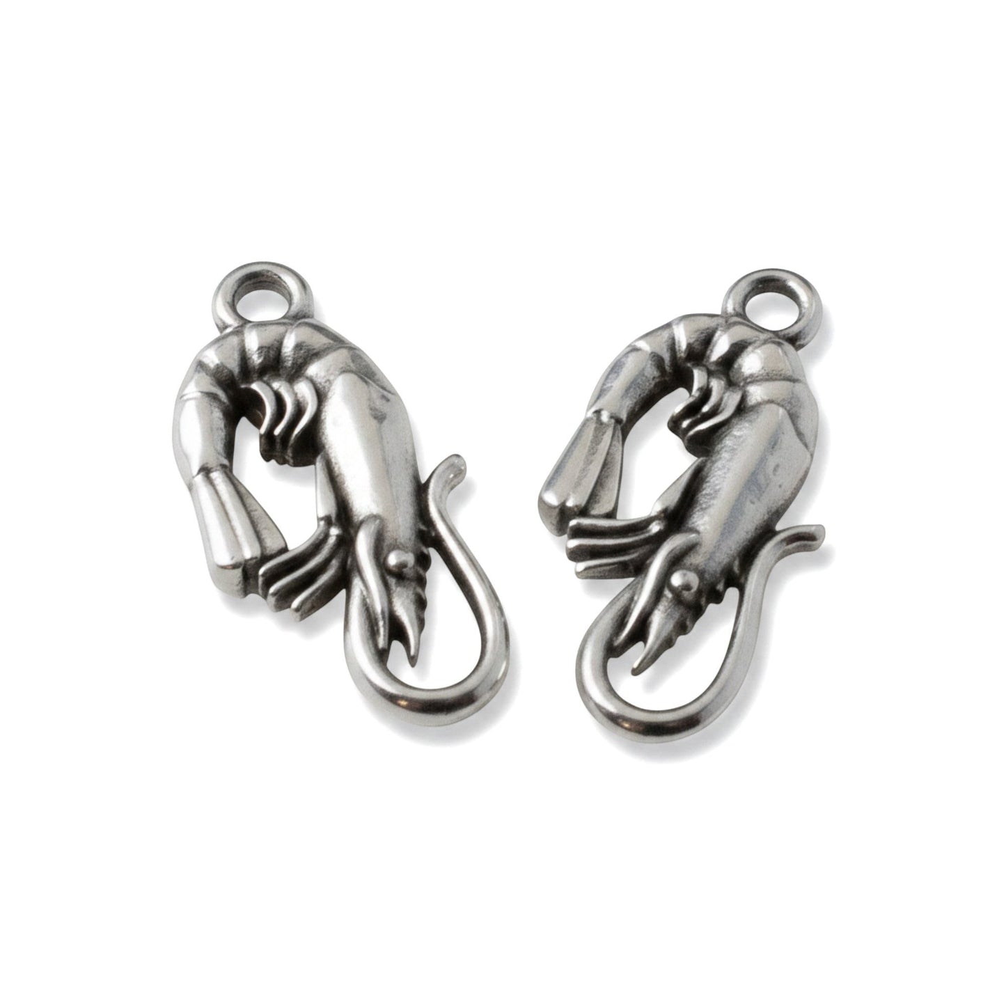 Hackberry Creek antique silver plated shrimp charms with detailed segmented body and tail. European Zamak material.