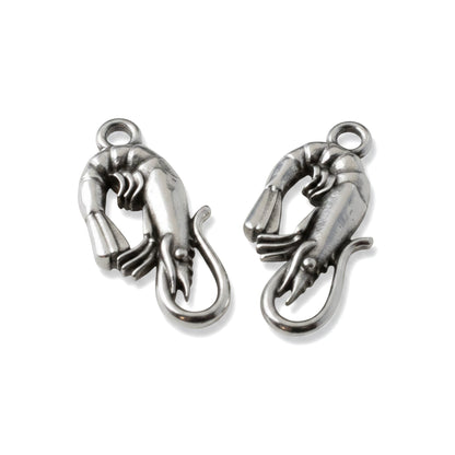 Hackberry Creek antique silver plated shrimp charms with detailed segmented body and tail. European Zamak material.
