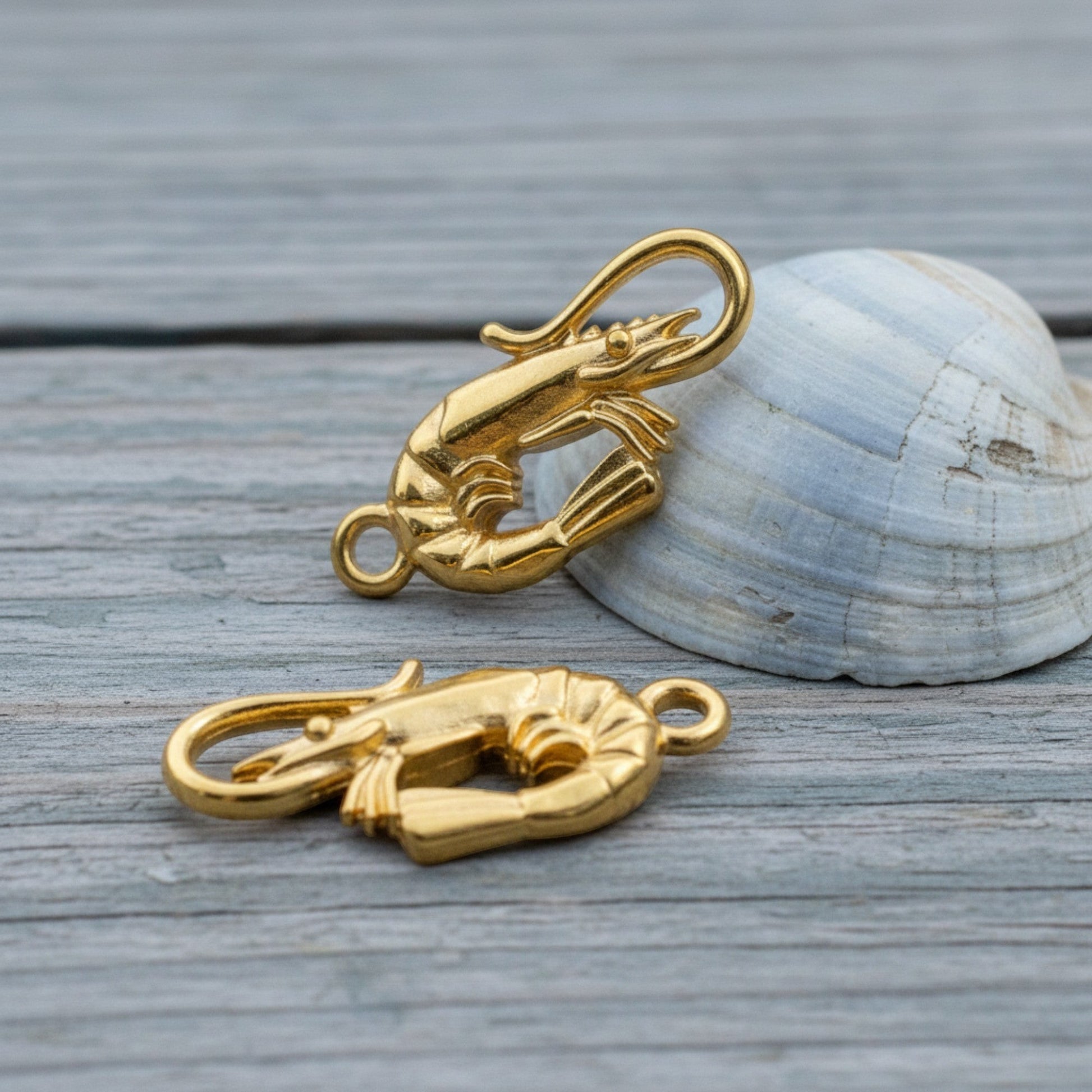 Hackberry Creek 24K gold plated shrimp charms, 2-pack, detailed sculpted design, bright gold finish.