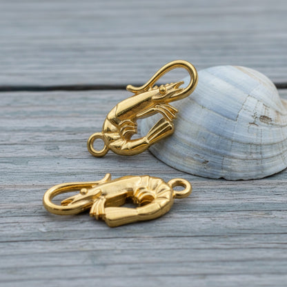 Hackberry Creek 24K gold plated shrimp charms, 2-pack, detailed sculpted design, bright gold finish.