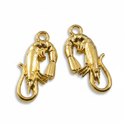 Hackberry Creek 24K gold plated shrimp charms, 2-pack. Detailed, bright gold finish, coastal sea life pendant.