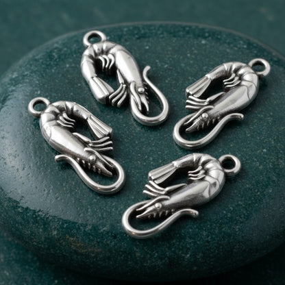 Hackberry Creek antique silver shrimp charms with detailed segmented bodies and tails, 4-pack.