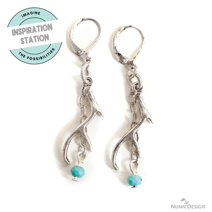 Hackberry Creek silver antler charm earrings with turquoise beads on leverback hooks for artisan jewelry design