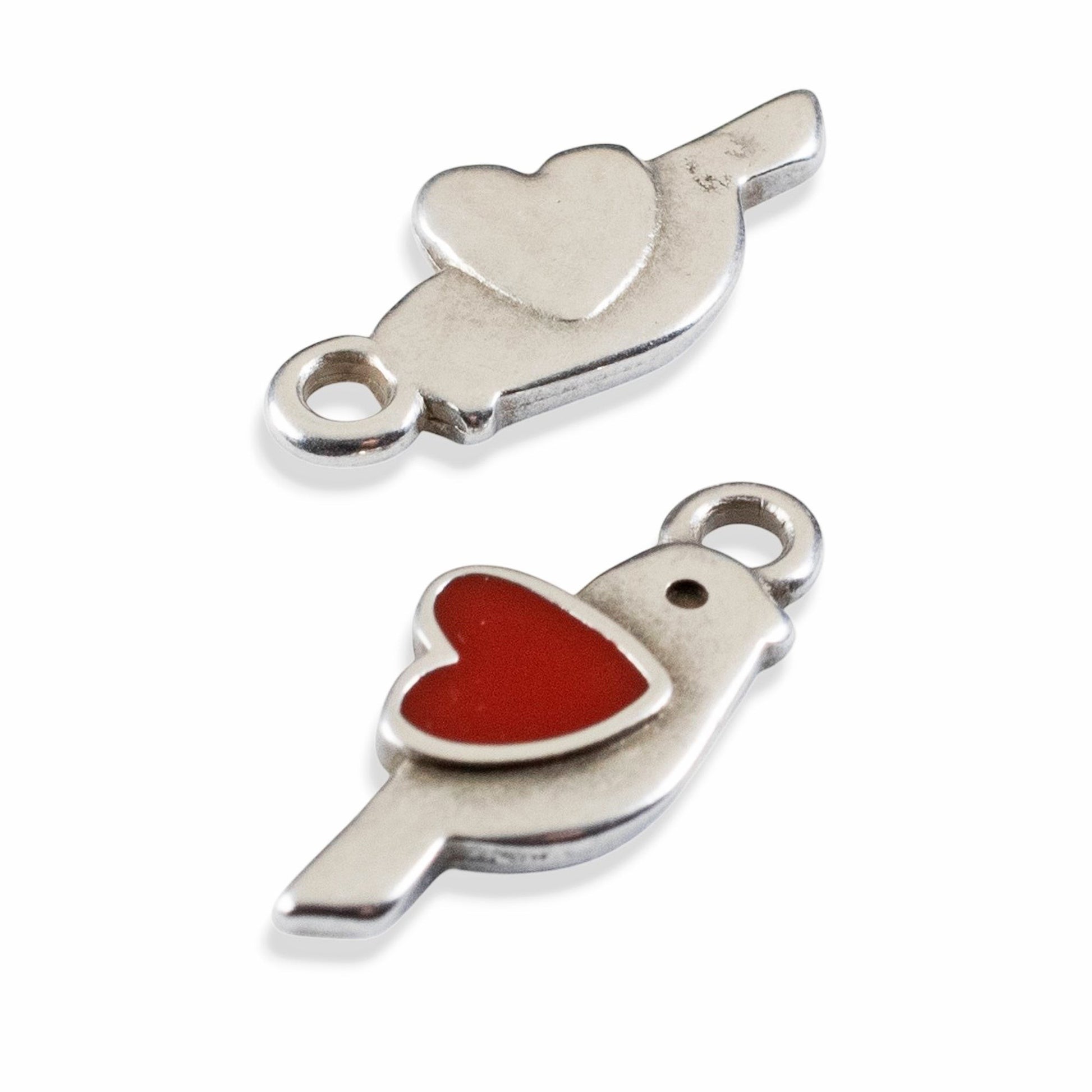 Hackberry Creek antique silver bird charms with red enamel heart, 8x18mm, 4-pack. Perfect for martaki bracelets.