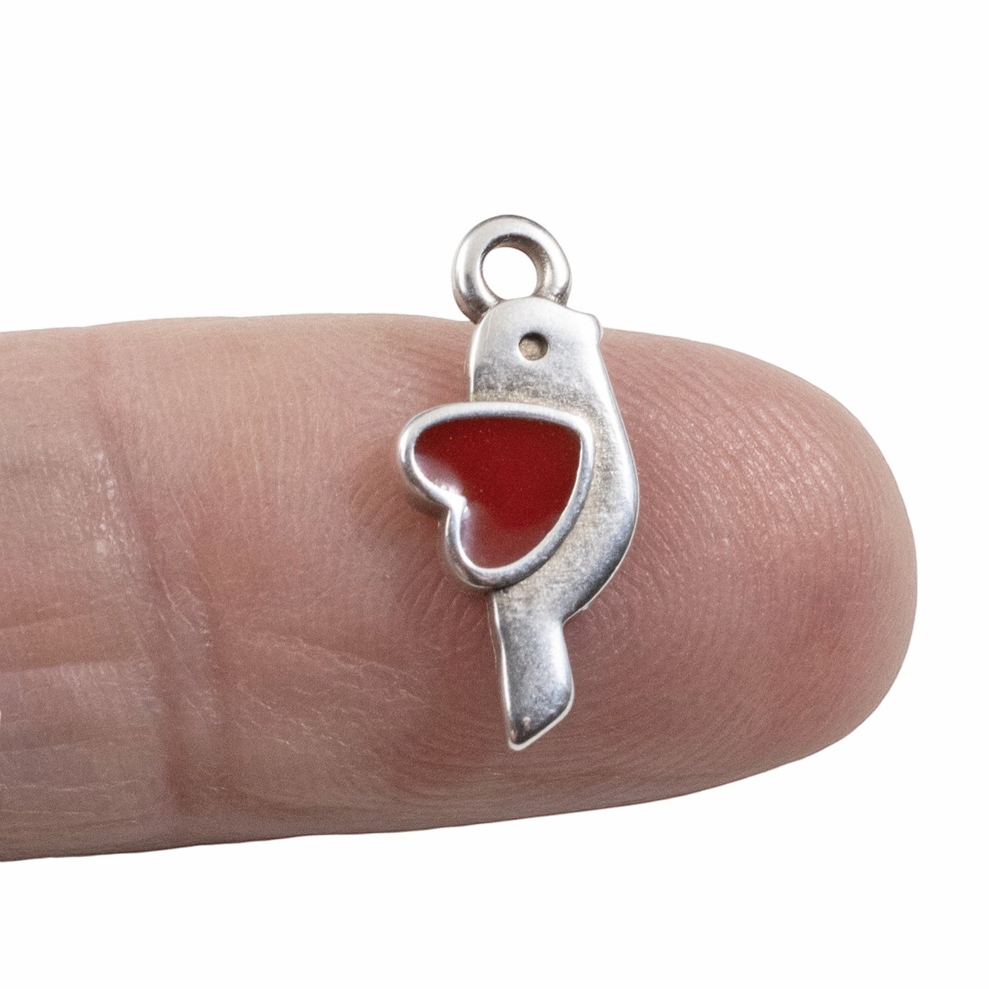 Hackberry Creek antique silver bird charm with red enamel heart, 8x18mm. Perfect for martaki bracelets, Valentine's jewelry.