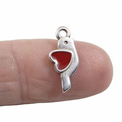 Hackberry Creek antique silver bird charm with red enamel heart, 8x18mm. Perfect for martaki bracelets, Valentine's jewelry.