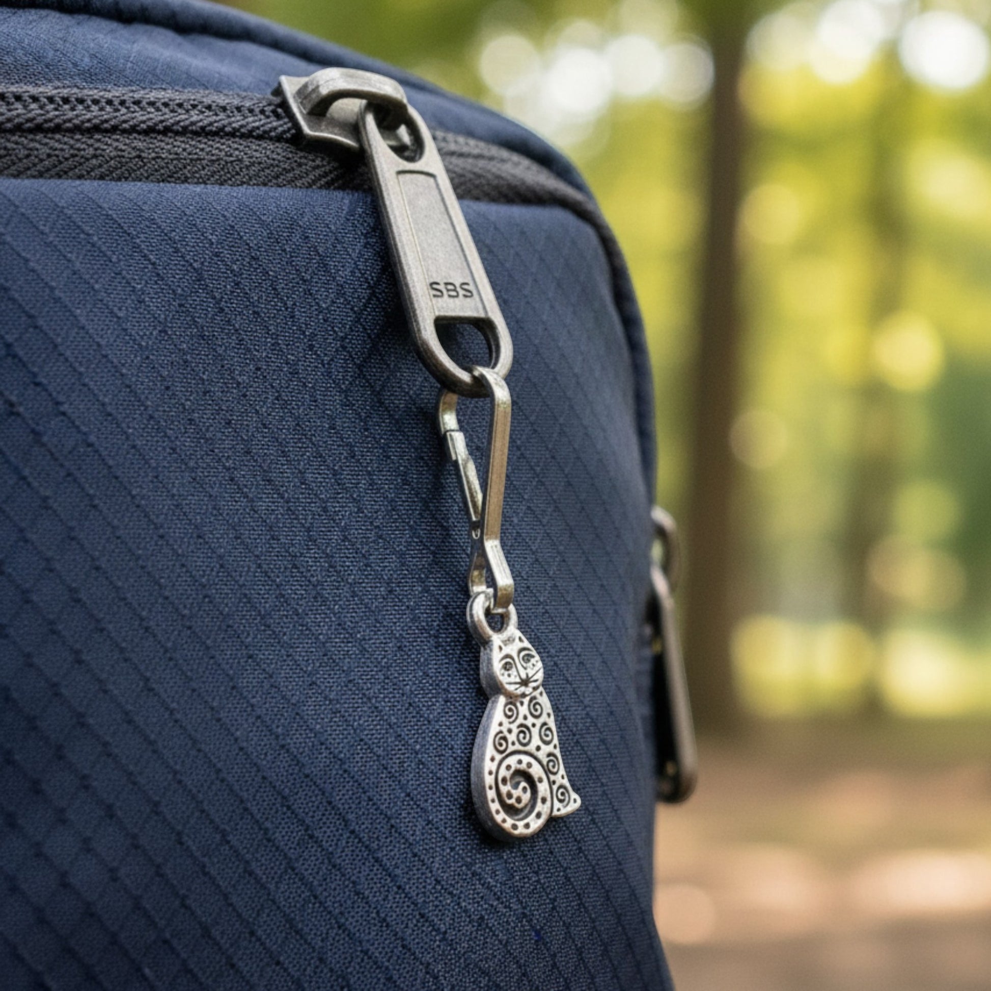 Hackberry Creek silver-plated pewter sitting cat zipper charm with spiral details attached to a blue bag zipper.