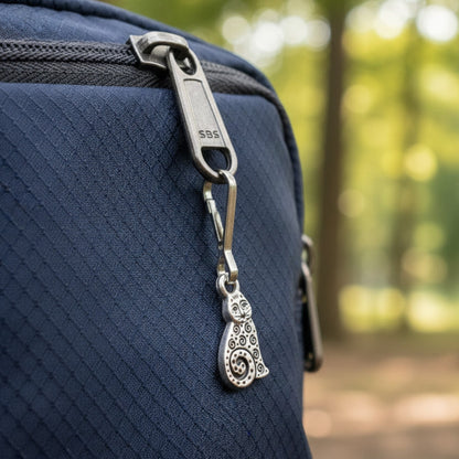 Hackberry Creek silver-plated pewter sitting cat zipper charm with spiral details attached to a blue bag zipper.
