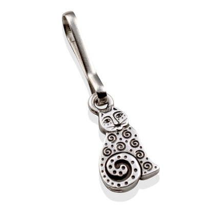 Hackberry Creek silver-plated pewter sitting cat zipper charm with intricate spiral detailing and stainless steel clip.