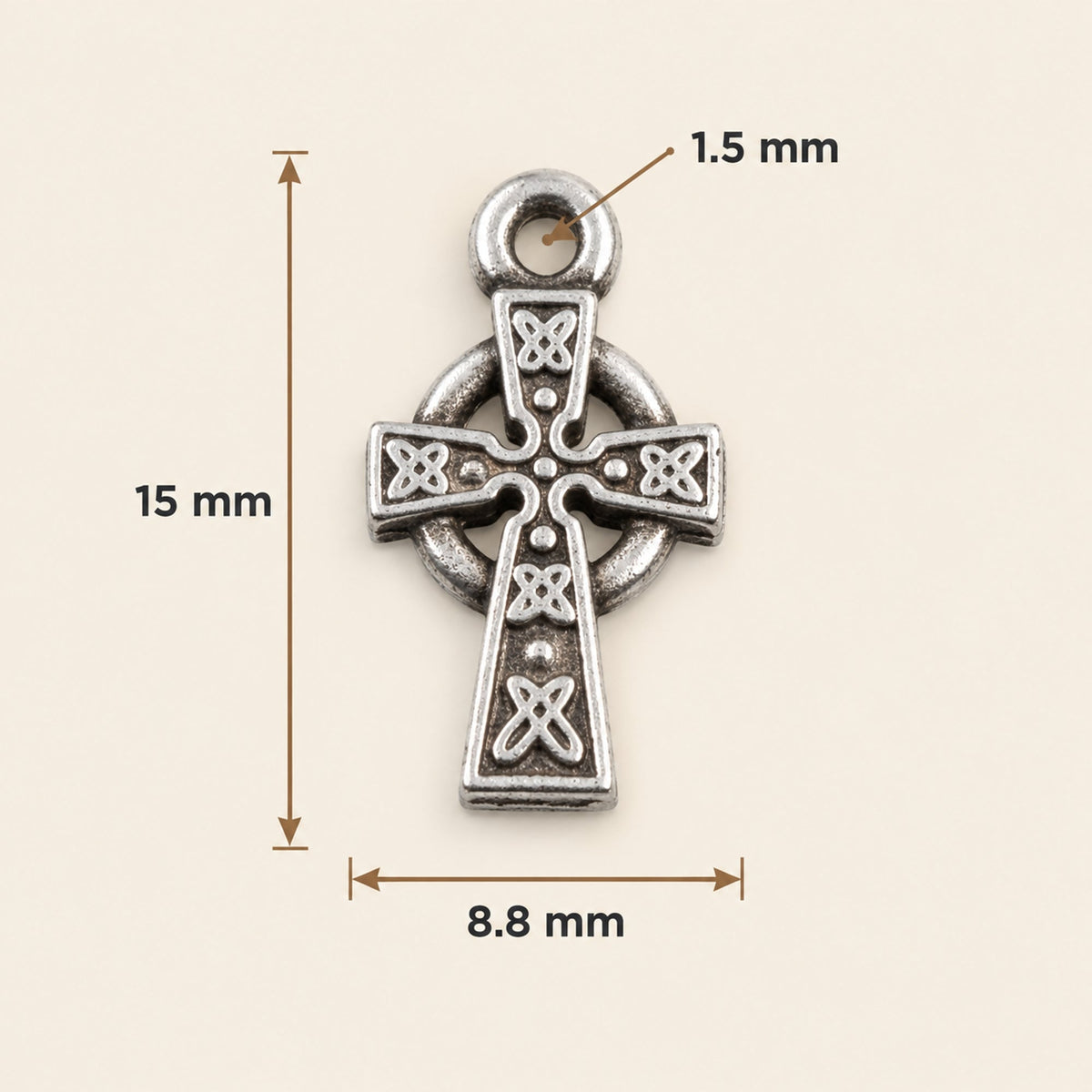 Hackberry Creek silver Celtic cross charm with intricate knotwork detail and antique finish for jewelry making