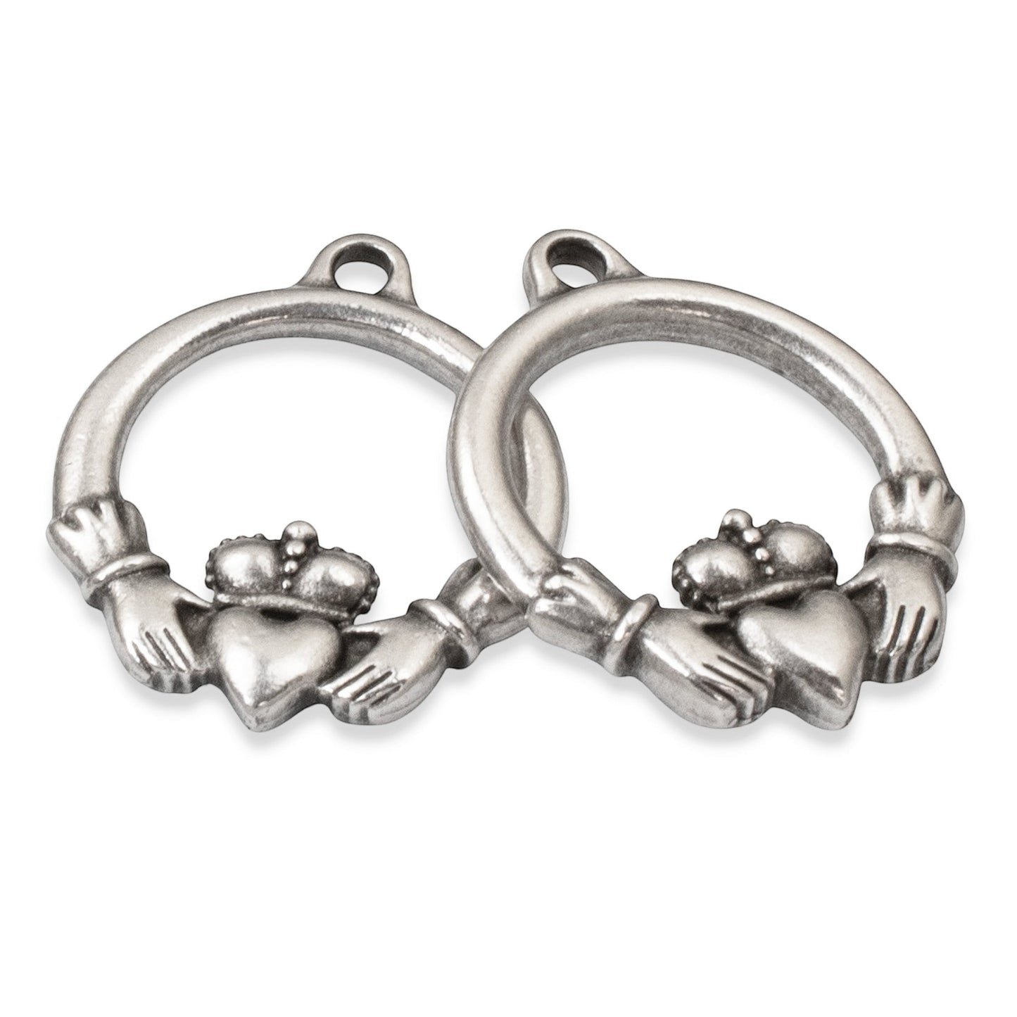 Hackberry Creek antique silver Claddagh pendants, 2-pack pewter charms with .999 fine silver plating for DIY jewelry.