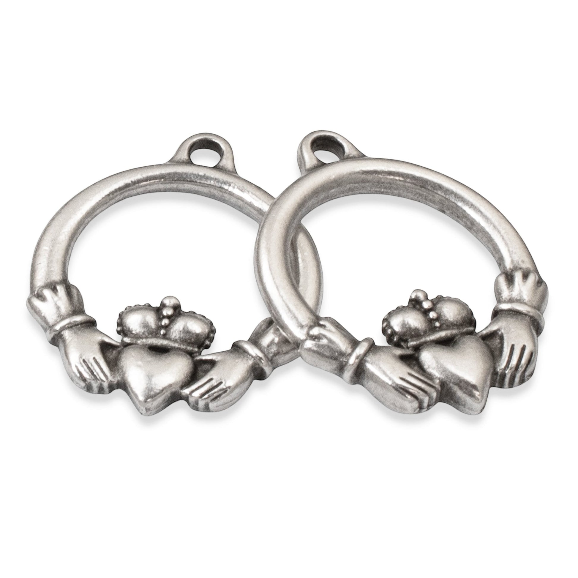 Hackberry Creek antique silver Claddagh pendants, 2-pack pewter charms with .999 fine silver plating for DIY jewelry.