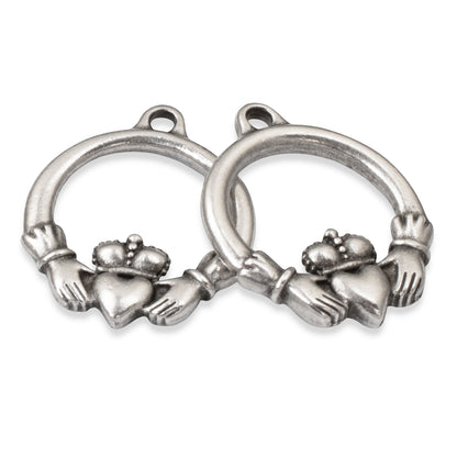 Hackberry Creek antique silver Claddagh pendants, 2-pack pewter charms with .999 fine silver plating for DIY jewelry.