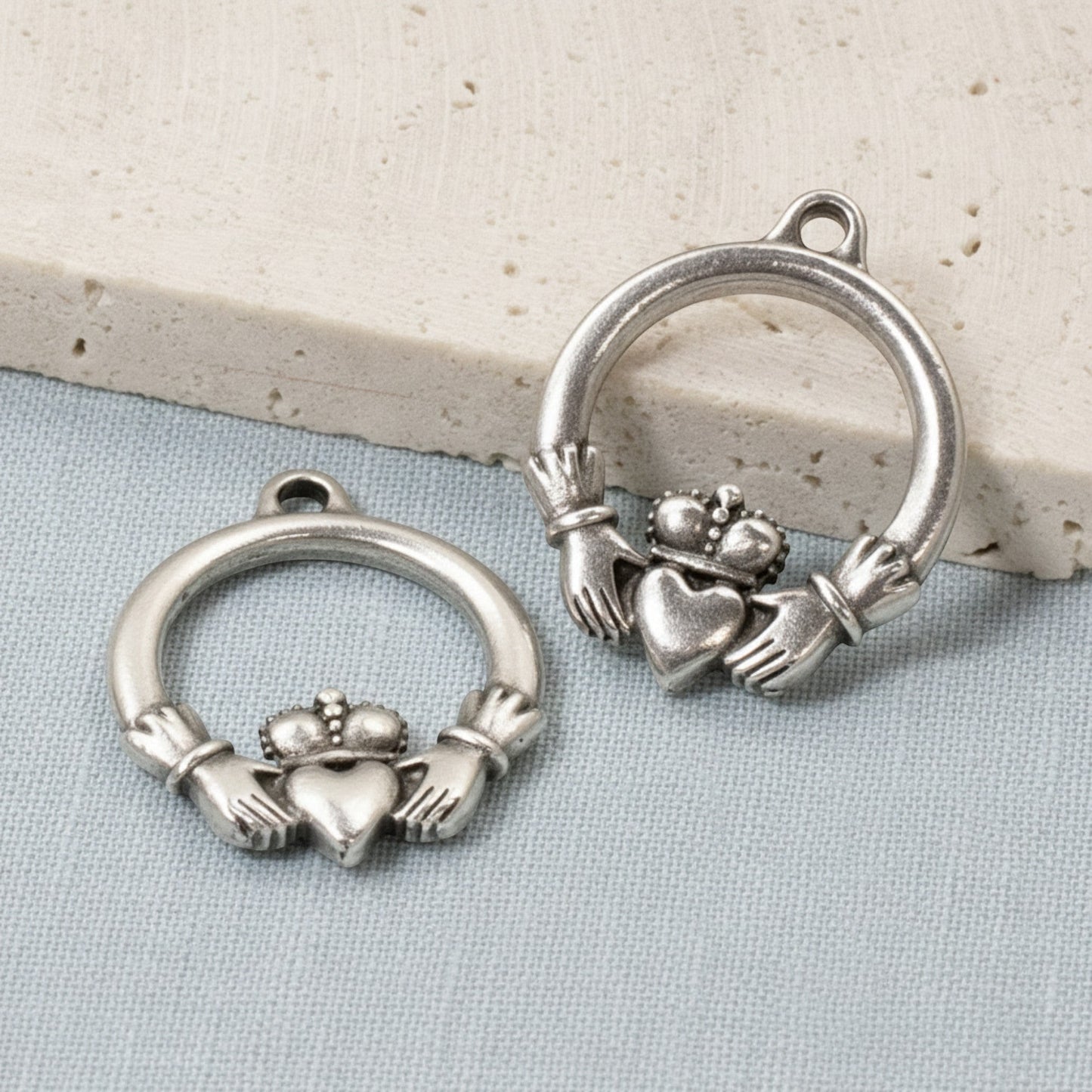 Hackberry Creek antique silver Claddagh charms, 2-pack pewter pendants with .999 fine silver plating, 19.5mm x 24.5mm, for DIY jewelry.