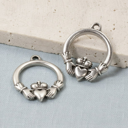 Hackberry Creek antique silver Claddagh charms, 2-pack pewter pendants with .999 fine silver plating, 19.5mm x 24.5mm, for DIY jewelry.