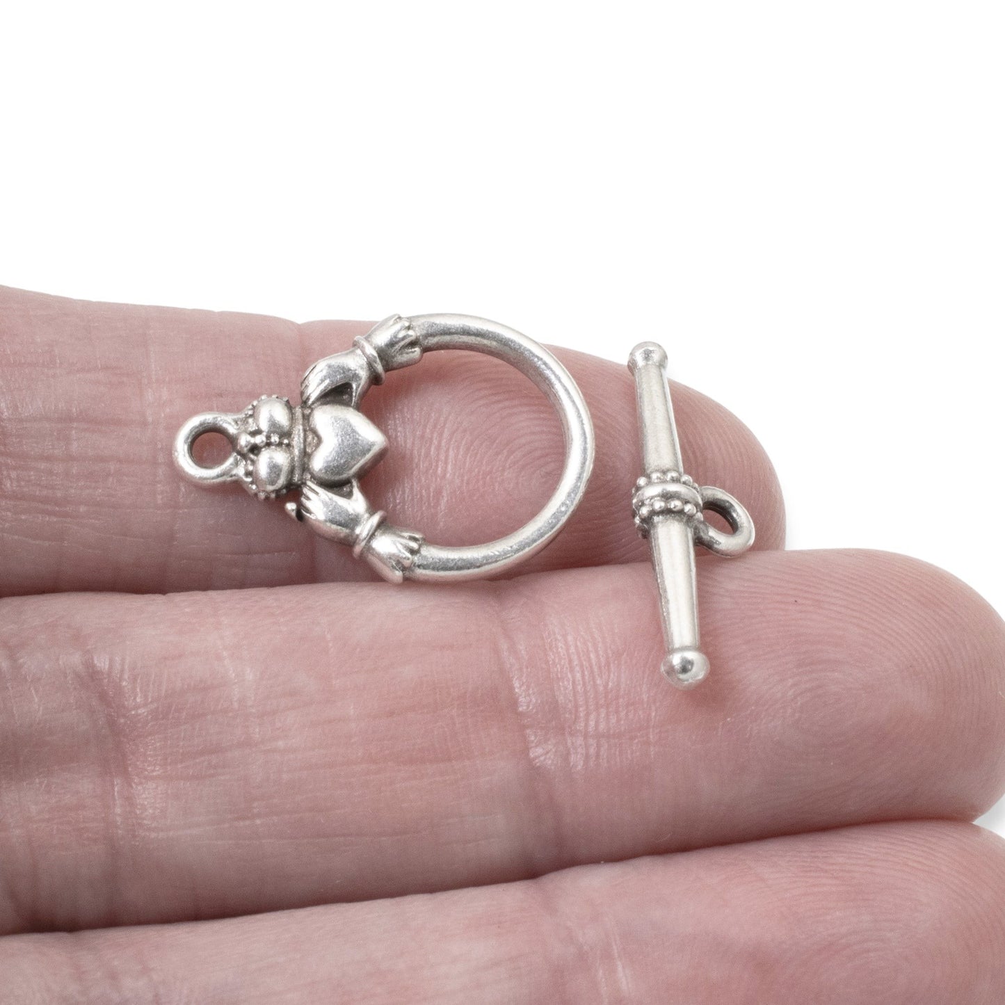 Hackberry Creek antique silver Claddagh toggle clasp set for jewelry making. Features pewter with silver plating and intricate Claddagh design.